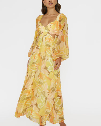 Yellow Long Sleeve Lace-Up Back Dress Floral