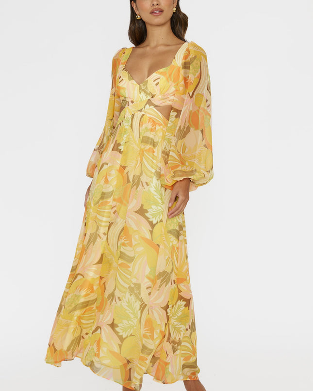 Yellow Long Sleeve Lace-Up Back Dress Floral
