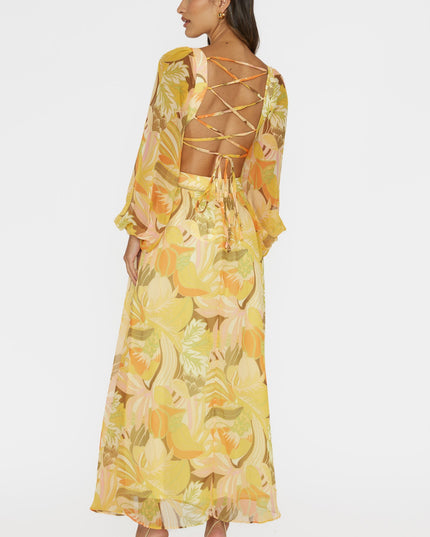 Yellow Long Sleeve Lace-Up Back Dress Floral