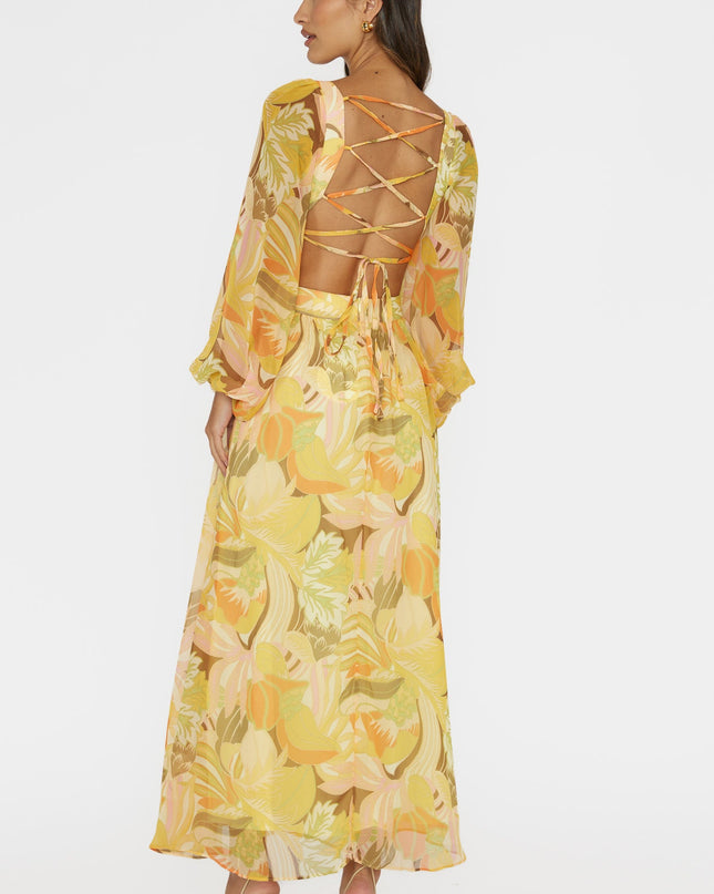 Yellow Long Sleeve Lace-Up Back Dress Floral