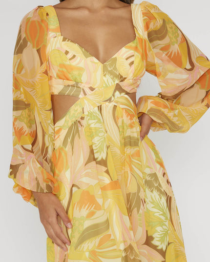 Yellow Long Sleeve Lace-Up Back Dress Floral