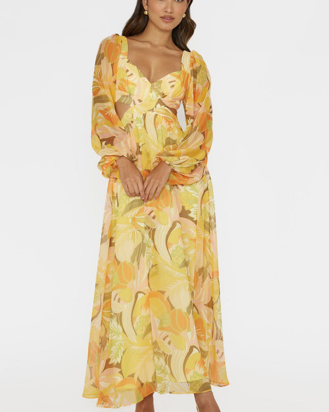 Yellow Long Sleeve Lace-Up Back Dress Floral