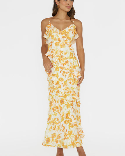 Orange Frill Trim Midi Dress Floral