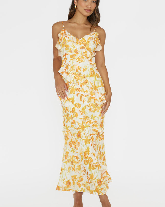 Orange Frill Trim Midi Dress Floral