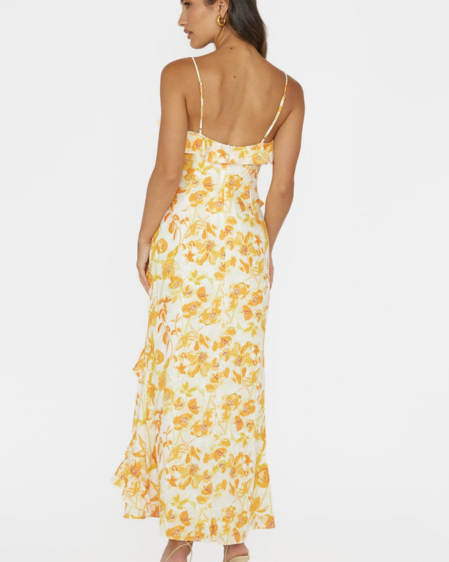 Orange Frill Trim Midi Dress Floral