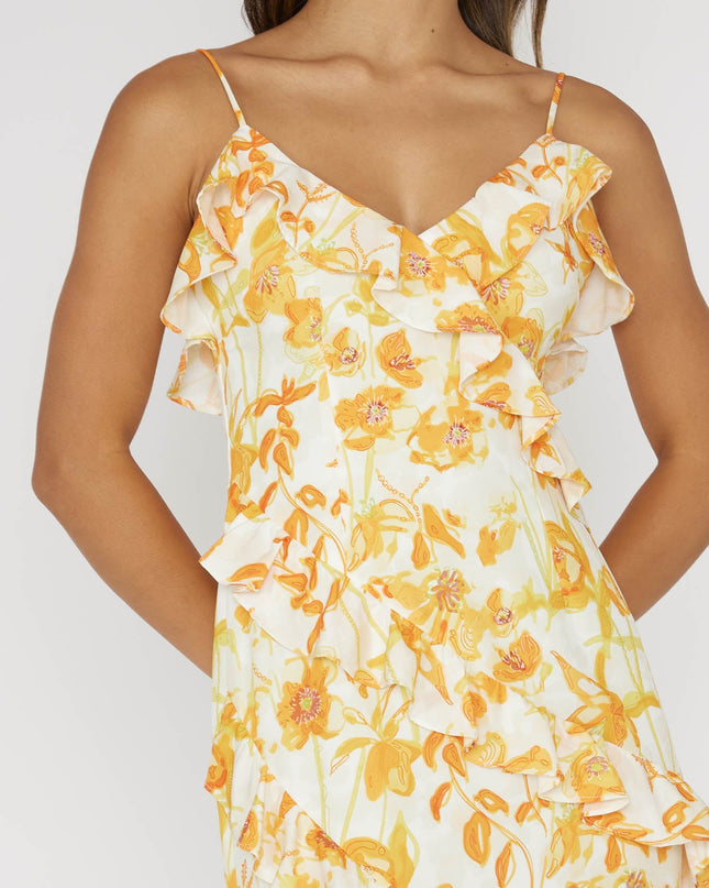 Orange Frill Trim Midi Dress Floral