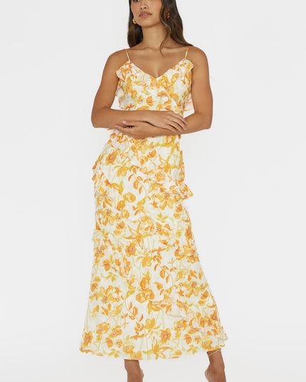 Orange Frill Trim Midi Dress Floral