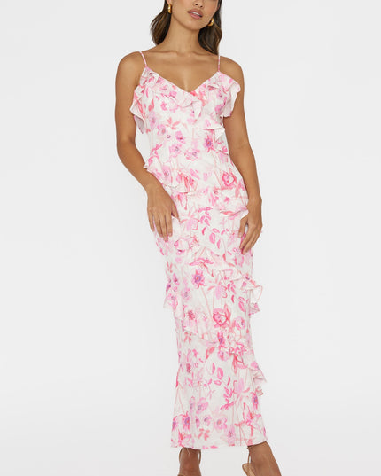 Pink Frill Trim Midi Dress Floral