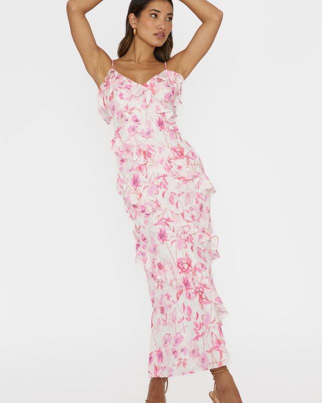 Pink Frill Trim Midi Dress Floral