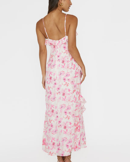 Pink Frill Trim Midi Dress Floral