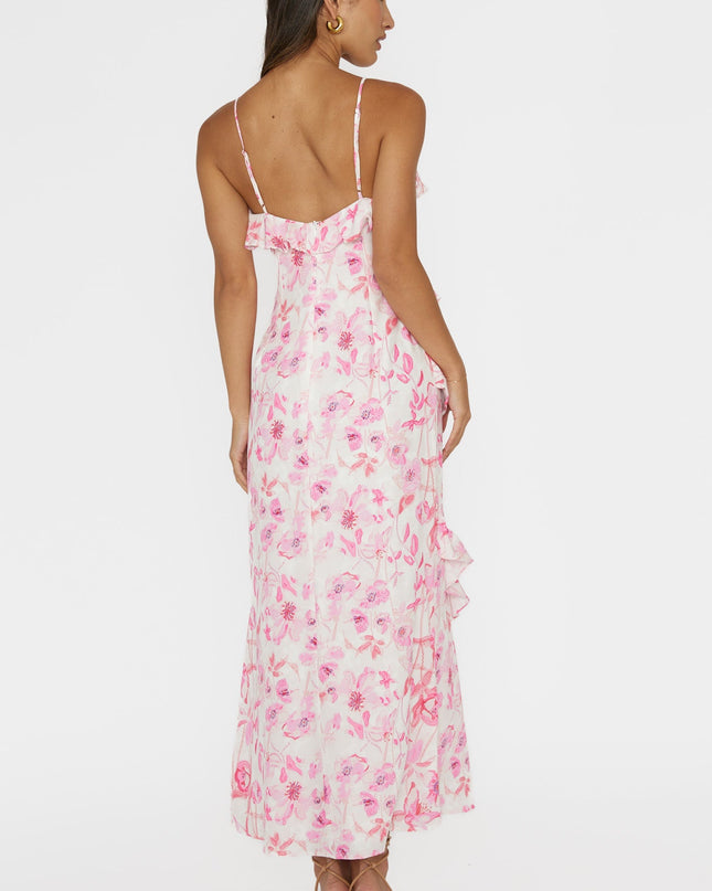 Pink Frill Trim Midi Dress Floral
