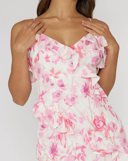 Pink Frill Trim Midi Dress Floral