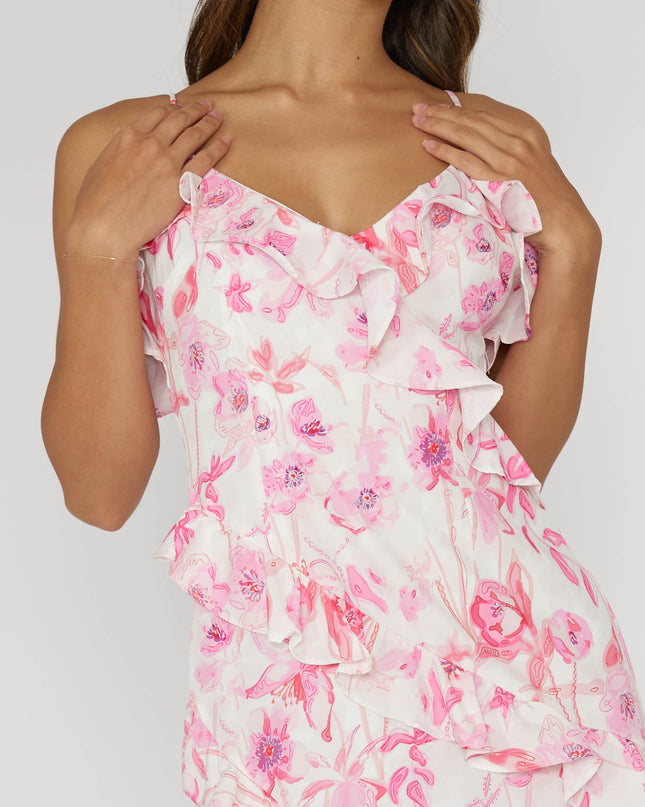 Pink Frill Trim Midi Dress Floral