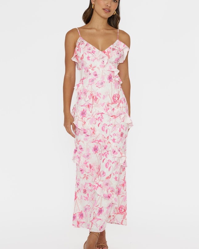 Pink Frill Trim Midi Dress Floral