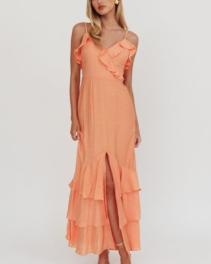 Orange Frill Trim Split Maxi Dress