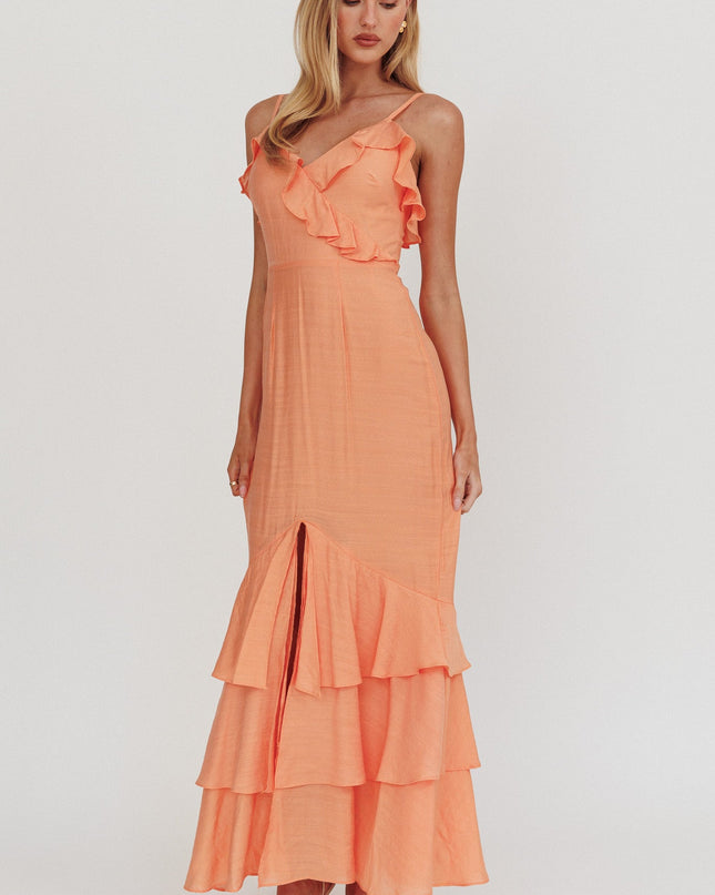 Orange Frill Trim Split Maxi Dress