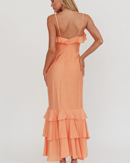 Orange Frill Trim Split Maxi Dress