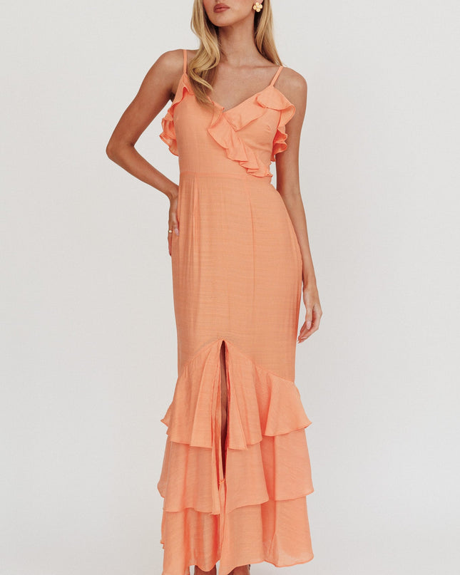 Orange Frill Trim Split Maxi Dress