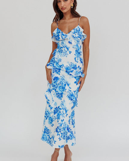Blue Frill Trim Maxi Dress Floral
