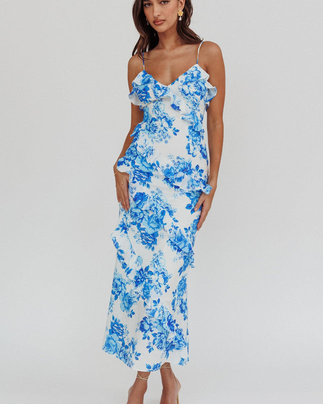 Blue Frill Trim Maxi Dress Floral