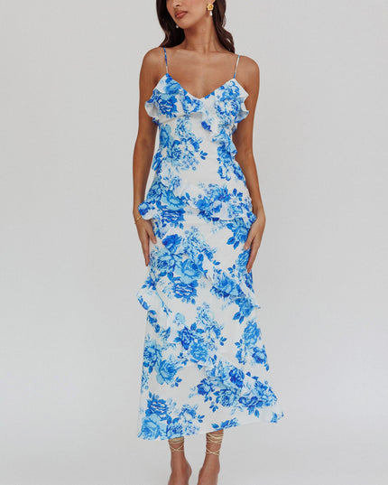 Blue Frill Trim Maxi Dress Floral