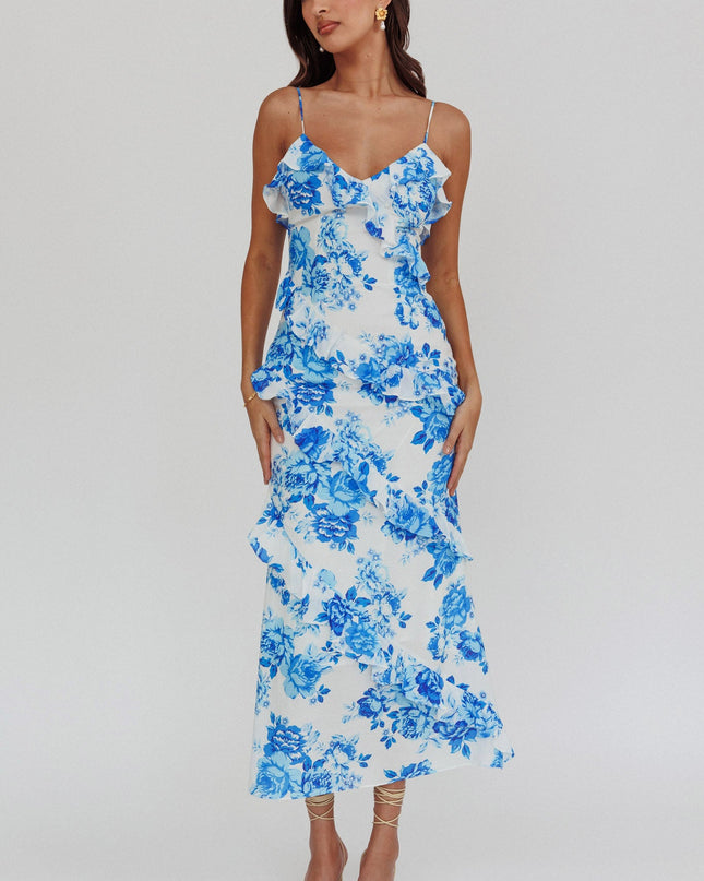 Blue Frill Trim Maxi Dress Floral
