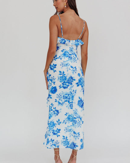 Blue Frill Trim Maxi Dress Floral