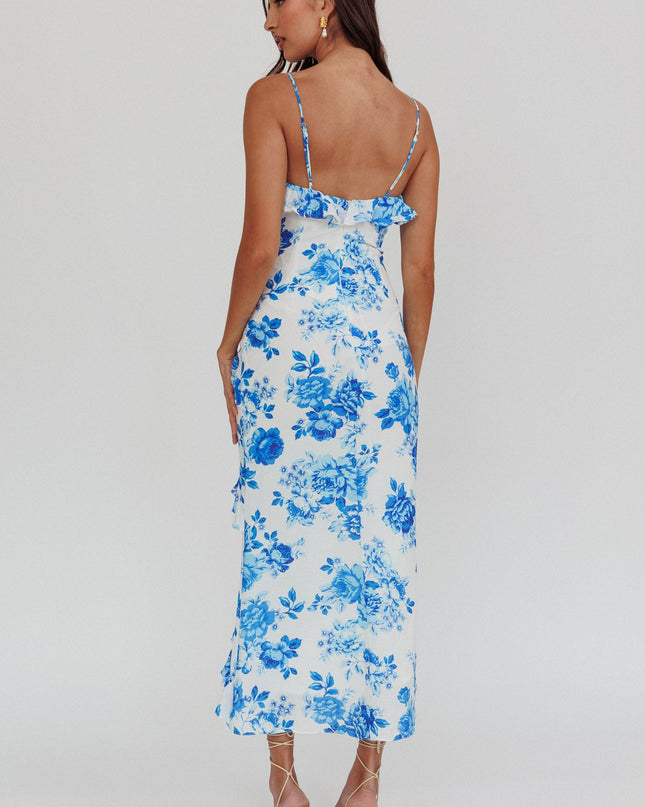 Blue Frill Trim Maxi Dress Floral
