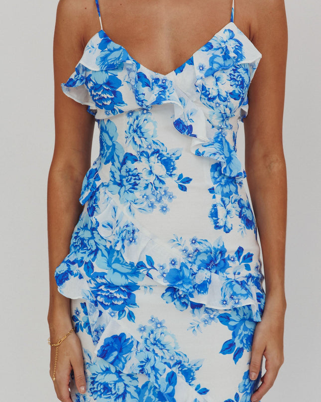 Blue Frill Trim Maxi Dress Floral
