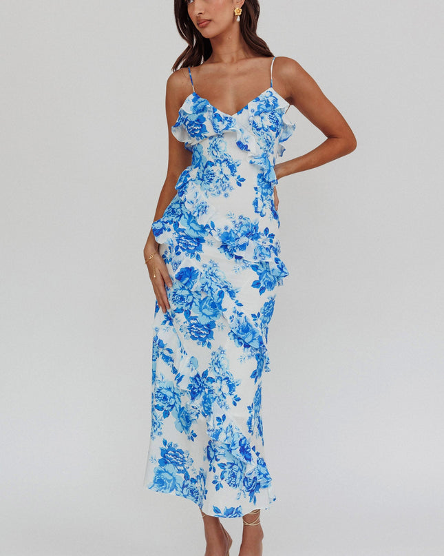 Blue Frill Trim Maxi Dress Floral
