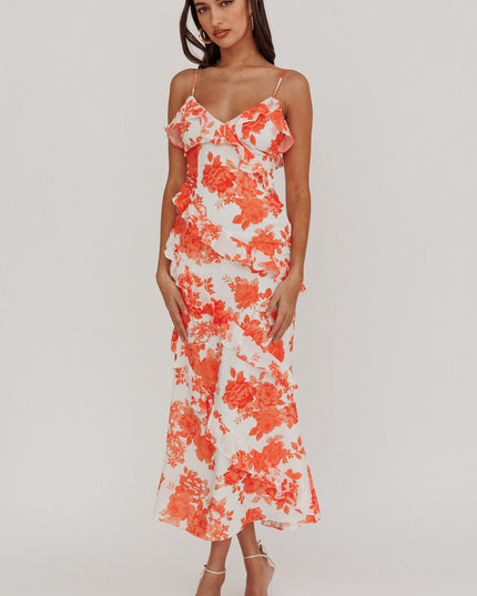 Orange Frill Trim Maxi Dress Floral