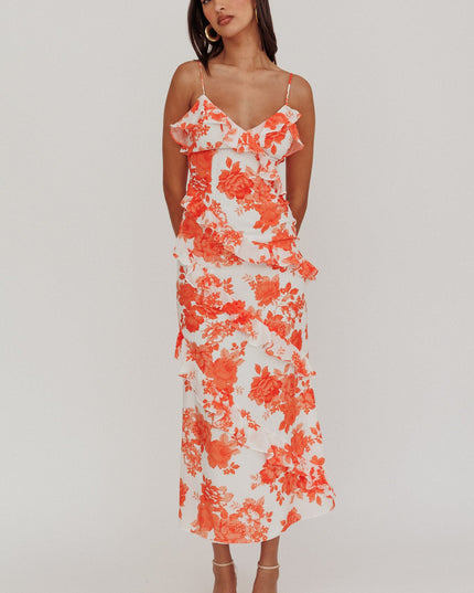Orange Frill Trim Maxi Dress Floral