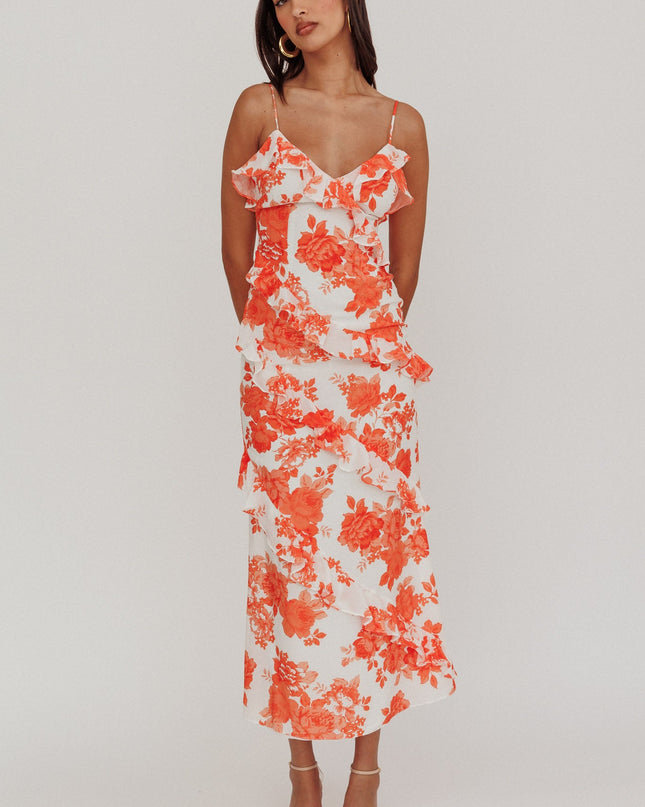 Orange Frill Trim Maxi Dress Floral