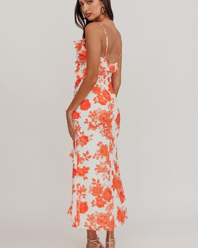 Orange Frill Trim Maxi Dress Floral