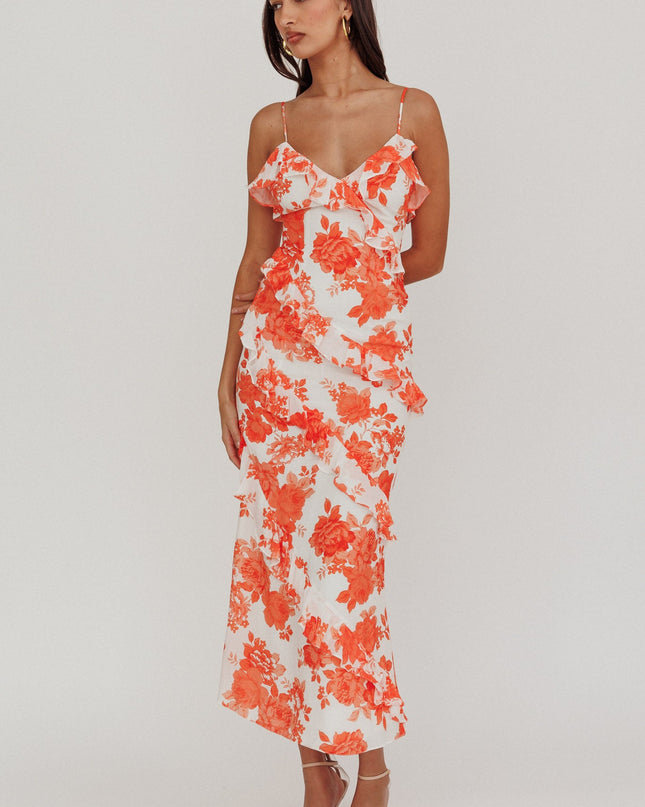 Orange Frill Trim Maxi Dress Floral