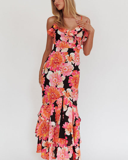 Black/Pink Frill Trim Maxi Dress
