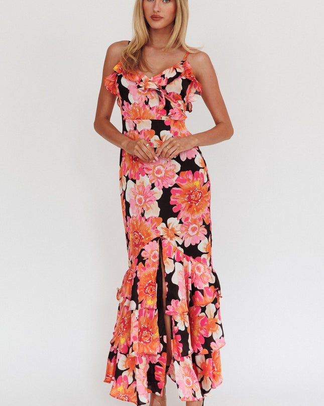 Black/Pink Frill Trim Maxi Dress