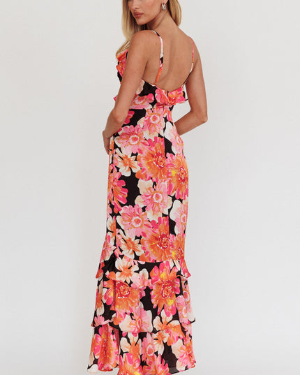 Black/Pink Frill Trim Maxi Dress