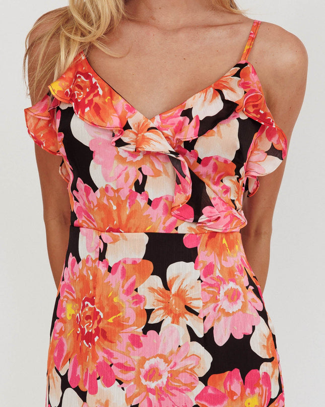 Black/Pink Frill Trim Maxi Dress