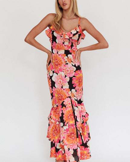 Black/Pink Frill Trim Maxi Dress