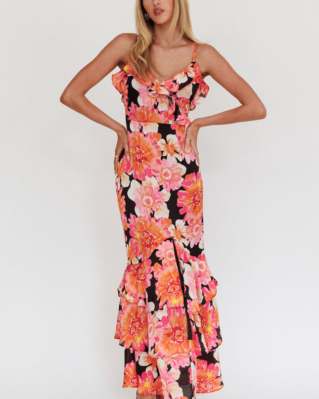Black/Pink Frill Trim Maxi Dress