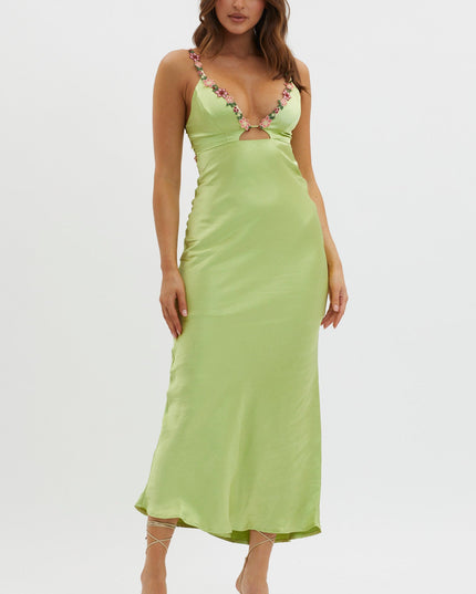 Matcha Cut-Out Floral Trim Midi Dress