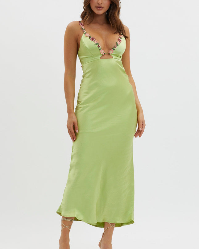 Matcha Cut-Out Floral Trim Midi Dress