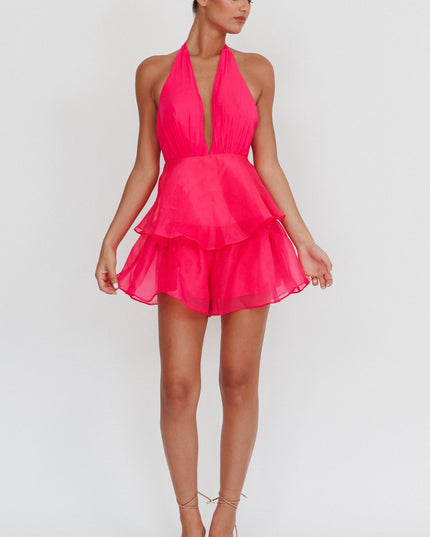 Rose Tiered Ruffles Halter Neck Romper