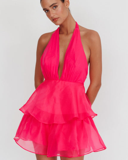 Rose Tiered Ruffles Halter Neck Romper