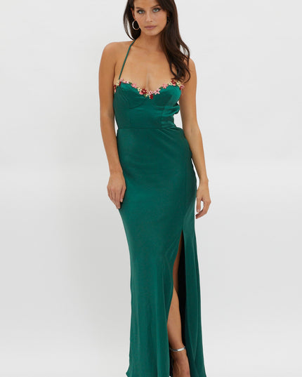 Forest Green Floral Embroidery Trim Maxi Dress