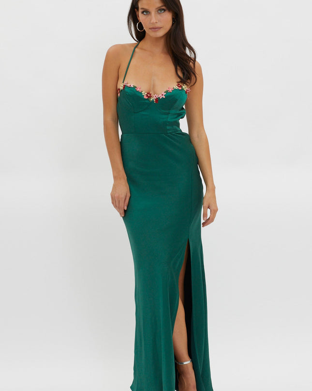 Forest Green Floral Embroidery Trim Maxi Dress