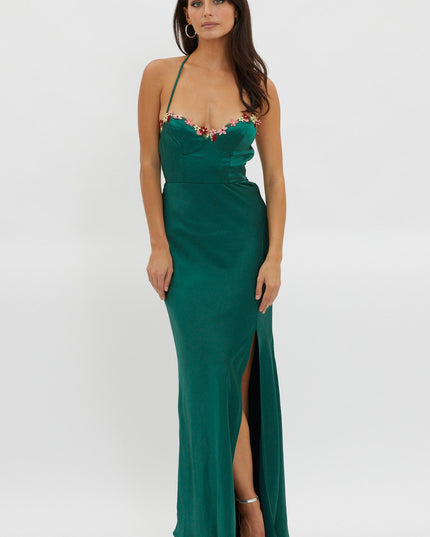 Forest Green Floral Embroidery Trim Maxi Dress