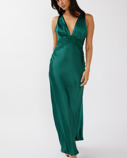 Green Lace Trim Tied Back Maxi Dress