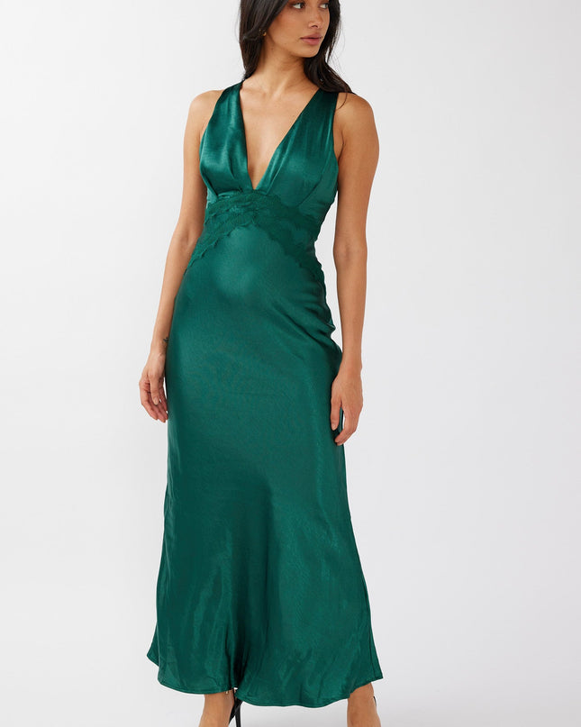 Green Lace Trim Tied Back Maxi Dress